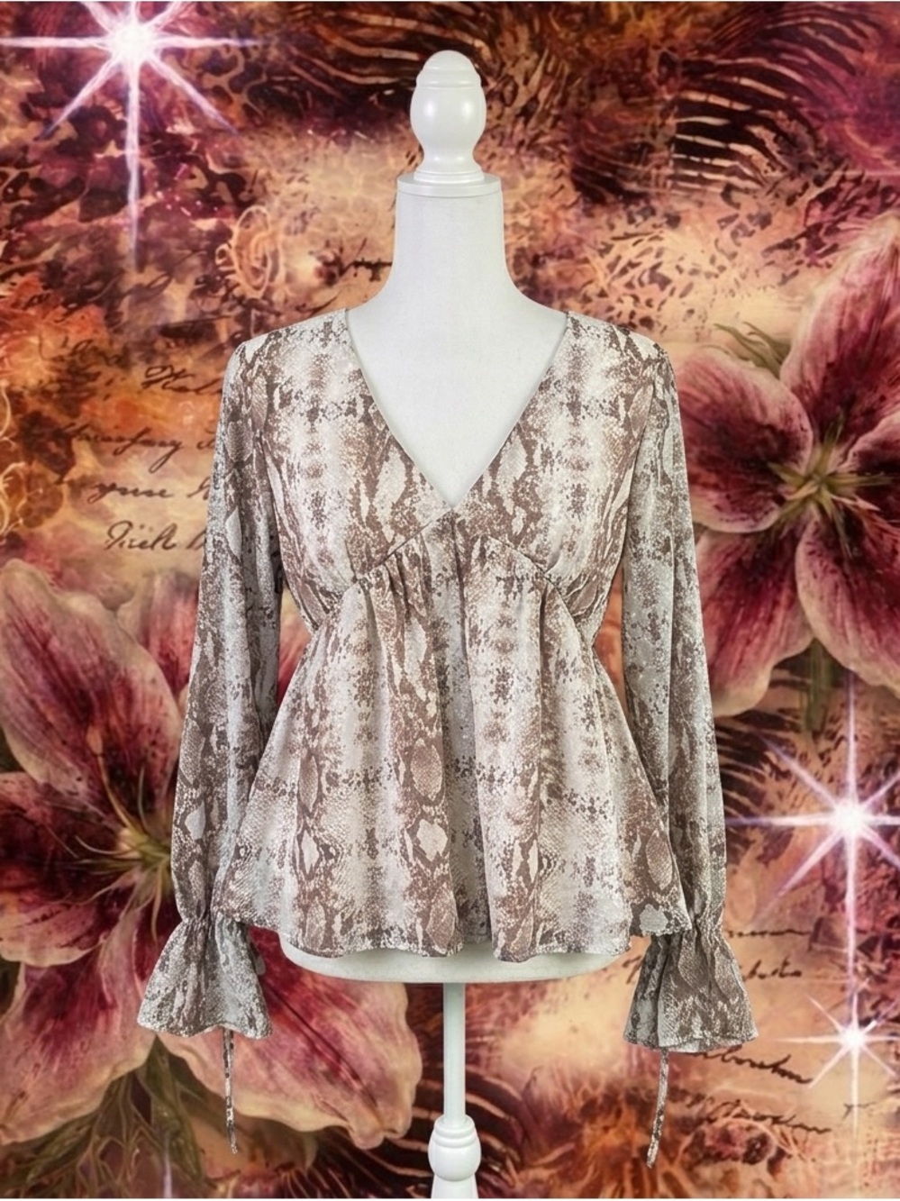 Peach Love California Taupe Snake-Print V-Neck Peplum Blouse